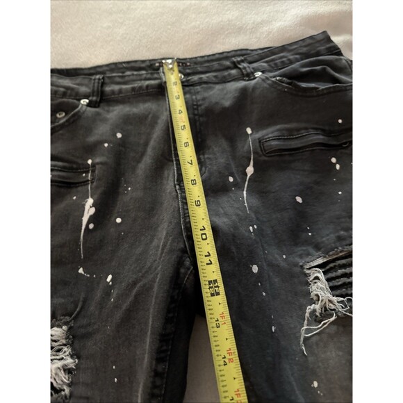 M Society Distressed Ribbed Ripped Paint Skinny Jeans Men's Size 38x32 Black - Picture 13 of 16